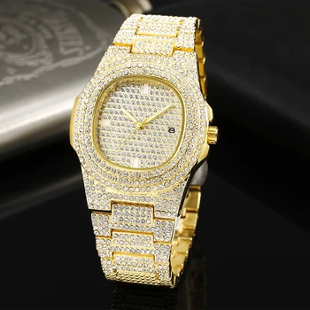 Najbolje muške Modni sat sa dijamantima od nehrđajućeg Čelika Kronograf u stilu hip - hop Luksuzni Zlatni kvarc gospodo mehanički sat Relogio