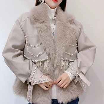 2021 Zimska nova ženska moda u korejskom stilu, sa pamučnom postavom, kaput, ženski slatka čvrsta zrna, četkica, imitacija лисьего krzna, kožna jakna