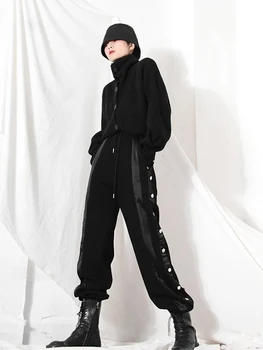 LANMREM 2022 Proljeće i Jesen Nove ženske Elastične hlače s visokim strukom i crna grudima čipka-up Ženska moda 2W1084