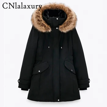 CNlalaxury Zima 2021 Veliki krzna ovratnik Pamučnim dolje parka Za žene je Duga crna pamučna jakna velike veličine Topli kaput Ženska gornja odjeća