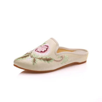 Kineski vezeni ženski, svila, pamuk, cipele, japanke s oštrim vrhom, ljeto jesen berba ženske cipele ravnim cipelama