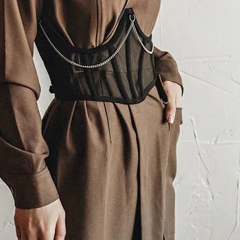 2021 Proljetna moda Crni Seksi Prozirna mrežica Pojas za struk Ženska Odjeća Ukras Kaput, Haljina je t-Shirt Dizajn Zone Lanca