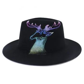 Ručno oslikana obojene vune cilindar ženska фетровая šešir je modni crni šešir sa širokim poljima par jazz šešir muška i ženska панамская šešir