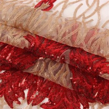 Lace170 Crvene/zlatne šljokice Vez Nadvoji pređe sa šljokicama Tkanina Modni luksuzne ženske haljine Umjetničko haljina Vjenčanje tkiva