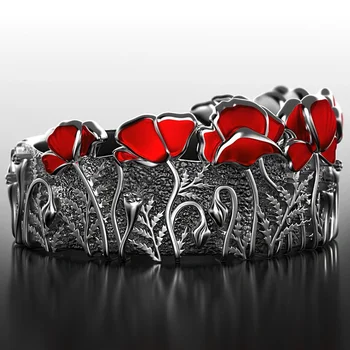 Moderan ženski cvijet prsten s crvenim emajlom Romantična ponuda Vjenčani prsten Na Godišnjicu Rođenja Božićni poklon Veličina 6-10