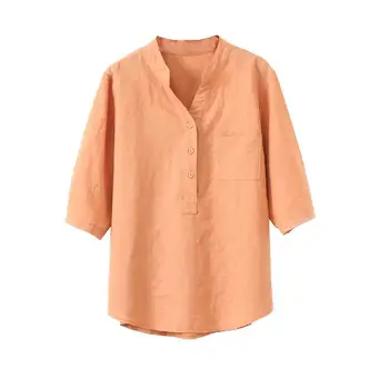 Ženske proljeće-jesen pamučne bluze lanene Košulja Ženska elegantna monotono pola rukava sa V-izrez Svakodnevne besplatne majice DF3883