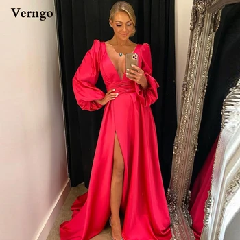 Verngo Jarko ružičasti saten haljina za prom trapeznog oblika s dugim rukavima i dubokim V-izrez s bočnim prorezom Seksi jednostavne večernje haljine 2021 Večernjim večernja haljina