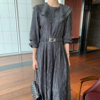 Haljina 2021 Jesen japanski stil jednobojnu Čipke kuka Cvjetni zona dugi rukav Ovratnik od lišća Lotosa Moderan Svakodnevni ženska odjeća