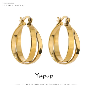Yhpup Šarm Višeslojne Metalne Okrugle Šuplje Naušnice-prsten za žene od Nehrđajućeg Čelika Zlatne Boje 18 K Pozlaćeni Trendi Naušnice Poklon za zabavu