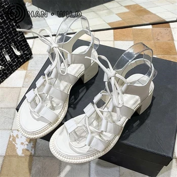 Ljetni modni ženske sandale na танкетке na platformi Ženske cipele na prosjeku petu Svakodnevne rimske sandale čipka-up Ženski ulični cipele Gladijatori