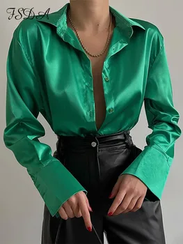 FSDA Satin zelena Moda bluzu s dugim rukavima Košulje, ženske s V-izrez Seksi 2022 Jesen zima Svakodnevne vrhovima Vintage ženska odjeća