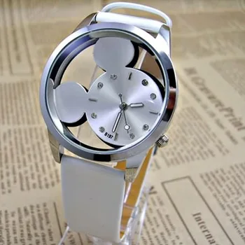 Relogio Feminino Modni crtani kvarcni satovi Ženski Prozirne s šuplje dial Kožne Sat za djevojčice i dječake